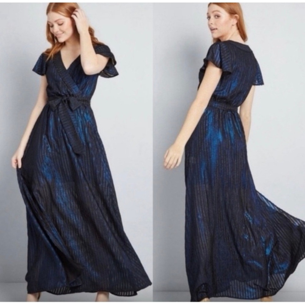 ModCloth Time to Shine Maxi Dress Women Small Blue Excellent Metallic Striped